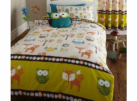 SINGLE BED DUVET COVER & 1 PILLOW CASE SET WOODLAND CREATURES, OWLS, FOX, FLOWERS / TREES, BROWN, ORANGE, GREEN