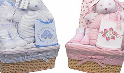 Bee Bo Baby Gift Set with Bodysuit, Bib, Socks and Teddy Bear in a Rattan Basket. 0 - 3 Months. Available in Blue, Pink, Cream, Lemon or White.