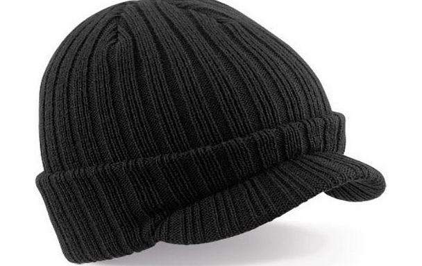 Beechfield  PEAKED BEANIE - RIBBED WARM CAP HAT - 3 COLOURS (BLACK)