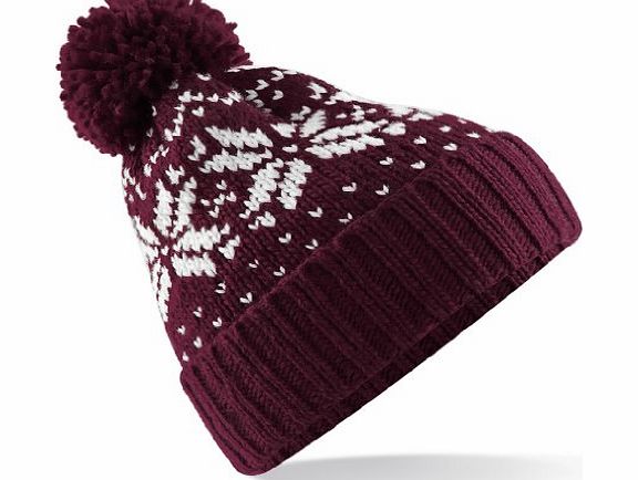 Beechfield Unisex Fair Isle Snowstar Winter Beanie Hat (One Size) (Burgundy / White)