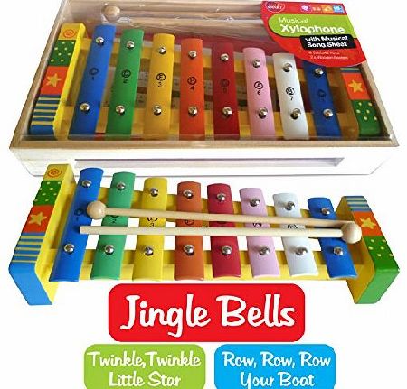 BeeSmart Childrens Wooden Musical Instrument - Xylophone - presented in wooden box and Song Sheet included