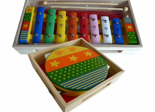 BeeSmart Childrens Wooden Musical Instruments Set - Xylophone with Song Sheet and Tambourine - presented in separate wooden boxes
