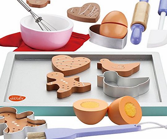 BeeSmart Wooden Baking Cookie Set With Red Oven Glove, 20 pieces includes baking tray, mixing bowl, whisk, rolling pin, spatula, brush, oven glove, cookie cutters, cookies, and eggs.