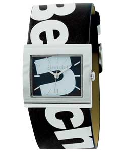 Ladies Black Strap White Print Watch