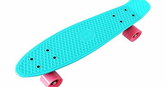 Bentley  22`` KIDS RETRO CRUISER MINI PLASTIC SKATEBOARDS - AQUA WITH PINK WHEELS (7 COLOURS AVAILABLE)