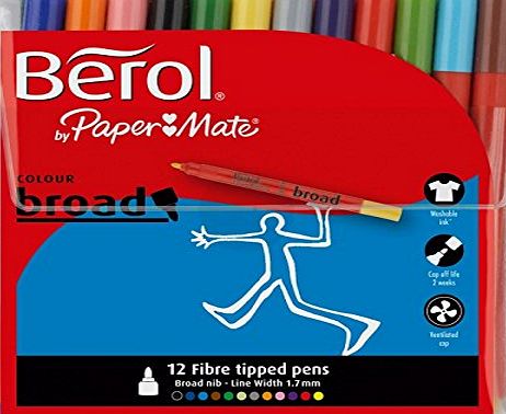 Berol Colour Broad Fibre Tipped Pen - Assorted Colours, Pack of 12