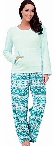 Ladies Fairisle Print Long Sleeve Fleece Pyjamas (12-14, Turquoise)