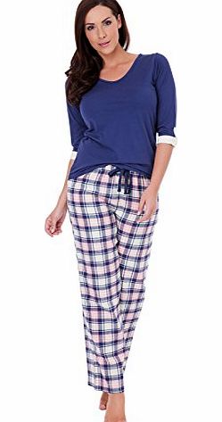 Best Deals Direct Ladies Womens Pyjama Set Jersey Top Check Bottoms Pajamas Cotton Rich LN640 (12-14, Navy/Pink)