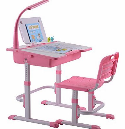 Ergonomic Kids Desk Chair with LED Lamp and FREE Steel Bookstand Height Adjustable Children Table and Chair - Minuet Pink 4 in 1 Bundle