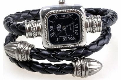 Stylish Knitting PU Leather Rope Slim Elegant Women Bracelet Watch Black