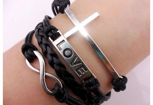 Generic Vintage Silver Cross Bracelet Infinity Love Black Leather Rope Infinite Bangle