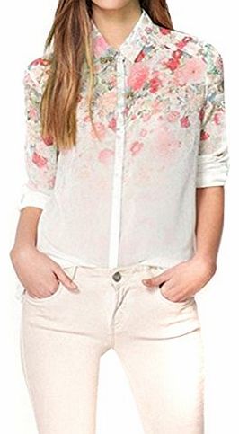 BetterMore NEW Womens Lapel Collar Chiffon Blouses Floral Flower Printed Long Sleeve Shirt Tops Sz 8-20