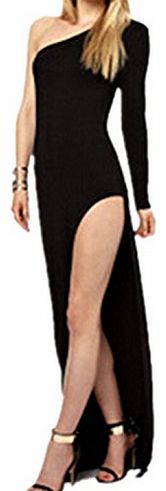 BetterMore Women Ladies Sexy One Shoulder High Side Split Cocktail Evening Party Long Maxi Dress Black UK 10 12