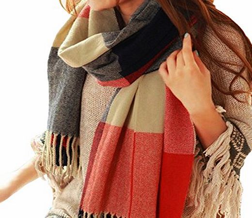 BetterMore Womens Winter Long Soft Warm Tartan Check Plaid Striped Scarve Solid Pashmina Scarf Wrap Valentines Gifts (Red Checks,Knit)