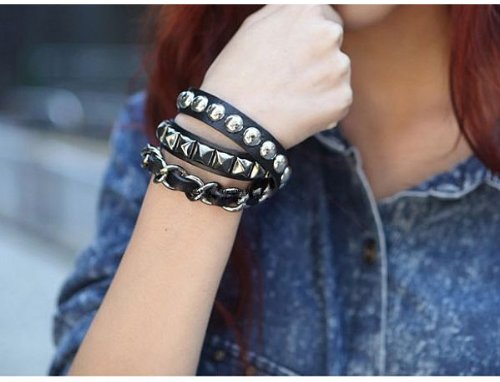 Beyondfashion Fashion Cool Punk Rock Rivet Multi Layers Circles Pyramid Stud Chain Faux Leather Wrap Bracelet Wristband Bangle Party Gift