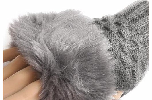 Lovely Warm Soft Winter Fur Fingerless Knitting Gloves Women Girls Half Cuff (Grey)