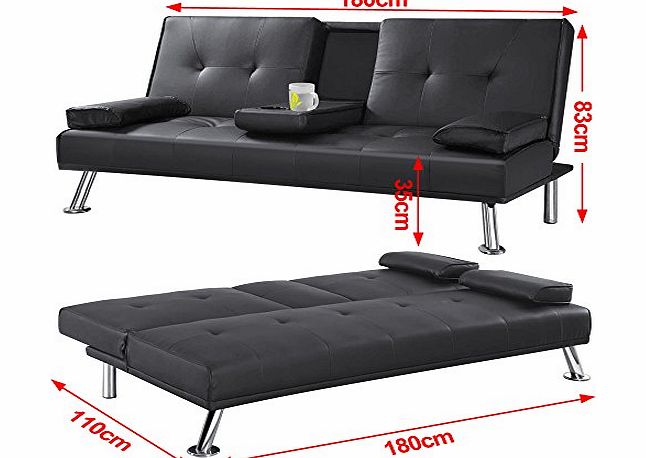 Beyondfashion Modern Faux Leather Folding 3 Seat Sofa Bed with Fold Down Living Room Furniture Table Drinks Holder (Black)