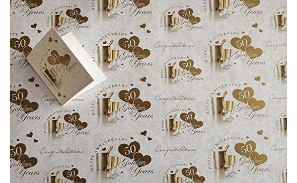 bgc 50th Golden Anniversary Wrapping Paper Gift Wrap, 2 Sheets, 1 Tag 50