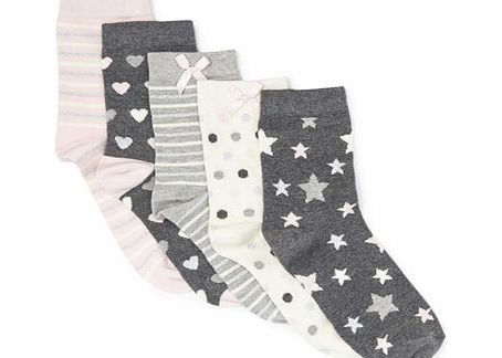Bhs 5 Pack Girls Heart Design Socks, grey multi