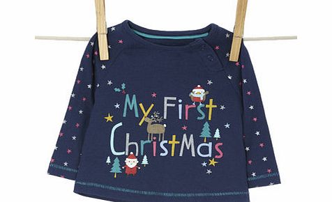 Bhs Baby Girls Navy Long Sleeved Christmas Top, navy