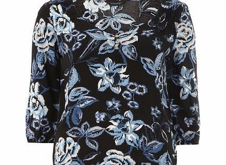 Bhs Black 3/4 Sleeve Floral Top, black 19127858513