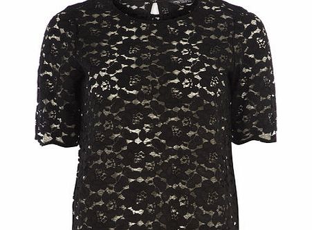 Bhs Black 3/4 Sleeve Scallop Lace Top, black