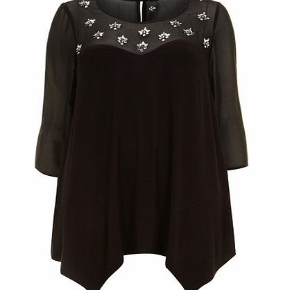 Bhs Black Embellished Jersey Hanky Hem Top, black