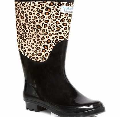 Bhs Black Leopard Print Extra Wide Wellington Boots,