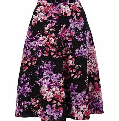 Bhs Black Multi Floral Flared Crepe Skirt,