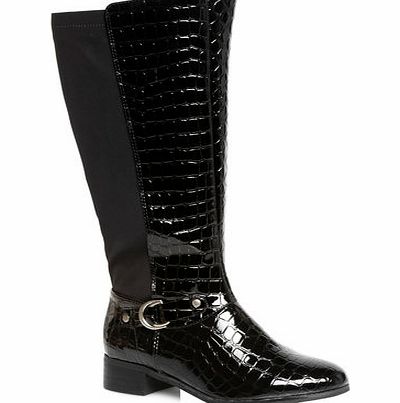 Bhs Black Patent Croc Extra Wide Stretch Boots,
