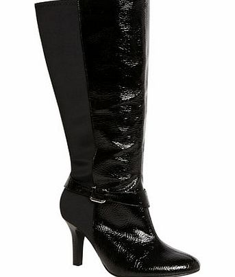 Bhs Black Patent Heeled Long Extra Wide Boots, black