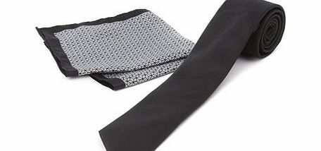 Bhs Black Slim Tie and Geometric Pocket Square Set,