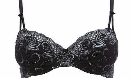 Bhs Black Two Tone Embroidered Underwired Bra,