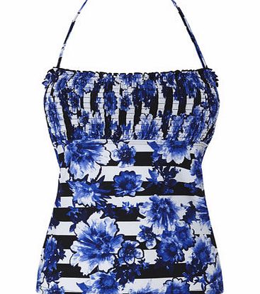 Bhs Blue And White Floral Stripe Smocked Tankini