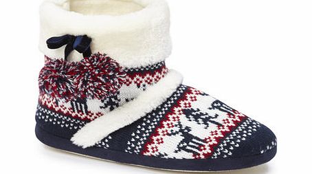 Bhs Blue Reindeer Fairisle Boot Slippers, blue