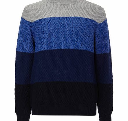 Blue Texture Block Striped Crew Neck Jumper,