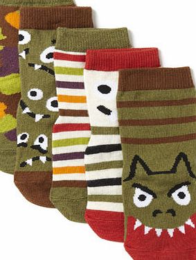 Bhs Boys 5 Pack Monster Design Socks, green multi