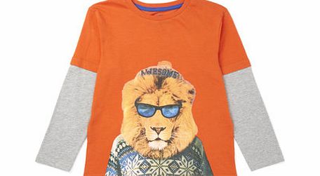 Boys Orange Lion Print Long Sleeved Top, orange