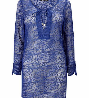 Bhs Colbalt Blue Open Knit Cover Up With Neck Tie