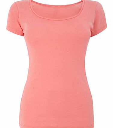 Bhs Coral Short Sleeve Scoop Neck Top, coral