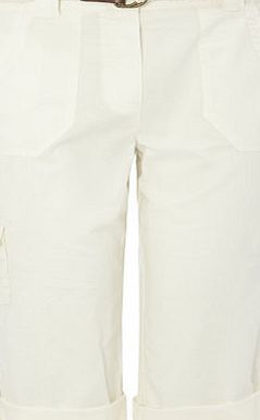 Bhs Cream Petite Cotton Belted Crop Trouser, Ecru