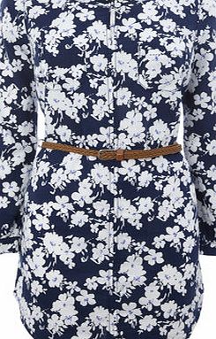 Bhs Floral Belted Linen Blend Tunic, navy print