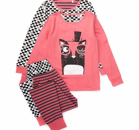 Girls 2 Pack Cat Pyjamas, multi pink 8883736691