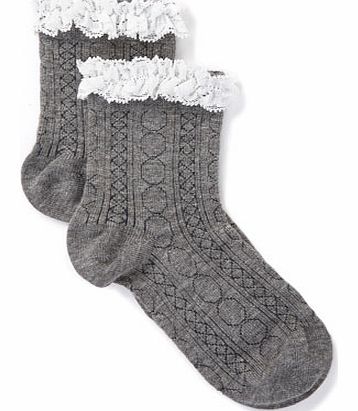 Girls 2 Pack Grey Lace Trim Ankle Sock, grey