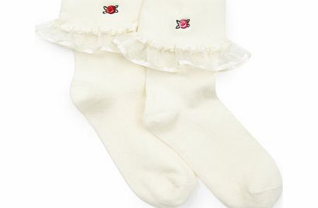 Girls 2 Pack Satin Trim  Rose Bud Socks, ivory