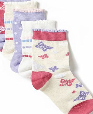 Bhs Girls 5 Pack Butterfly Socks, multi pink