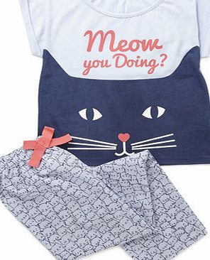 Bhs Girls Cat Meow Woven Pyjamas, navy multi