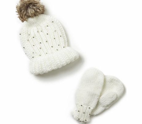 Bhs Girls Cream Beanie and Mittens set, cream