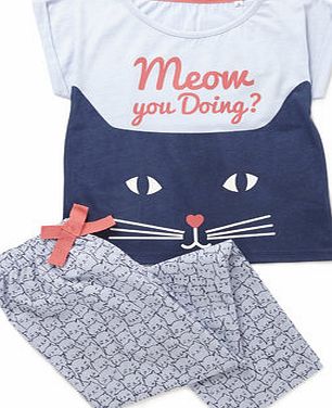 Bhs Girls Girls Cat Meow Woven Pyjamas, navy multi
