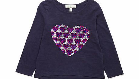 Bhs Girls Navy Heart Sequin Long Sleeve Top, navy